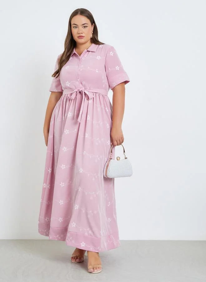 Styli Plus Size Lilac Floral Print Shirt Maxi Dress